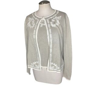 Claudia D Embroidered Cardigan Taupe Cream Sheer Knit Sweater